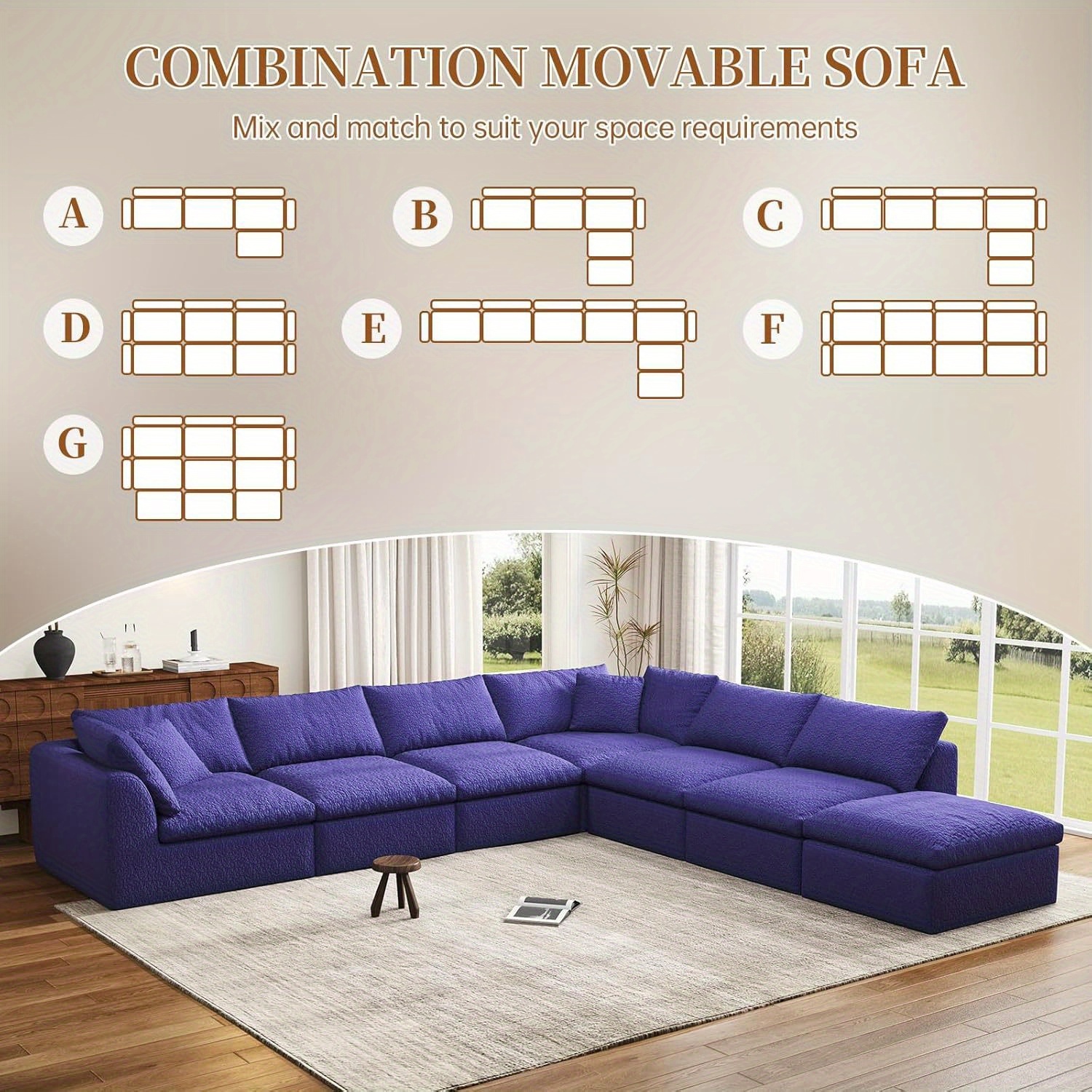 Modular Sectional Sofa with Movable Ottoman | No Assembly Required, Boneless Cloud Couch, Deep Seat L-Shaped, Suitable for Living Room, Bedroom, and Apartment