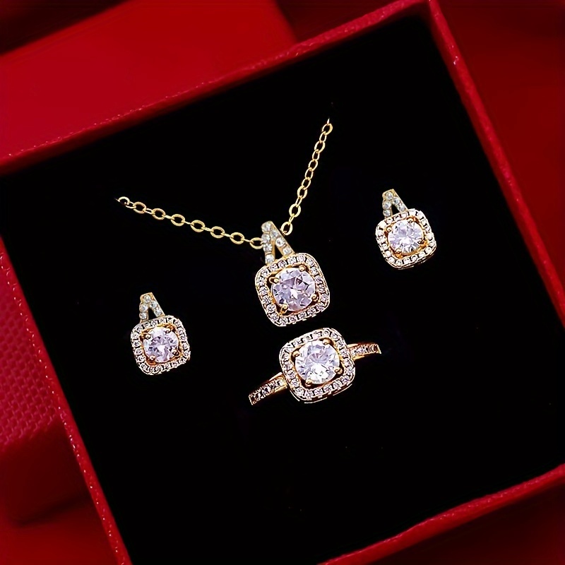 Image of Luxurious 4pcs Square Jewelry Set For Women - Glass Inlaid, Alloy With Unique Plating - Perfect For Casual Attire & Special Occasions