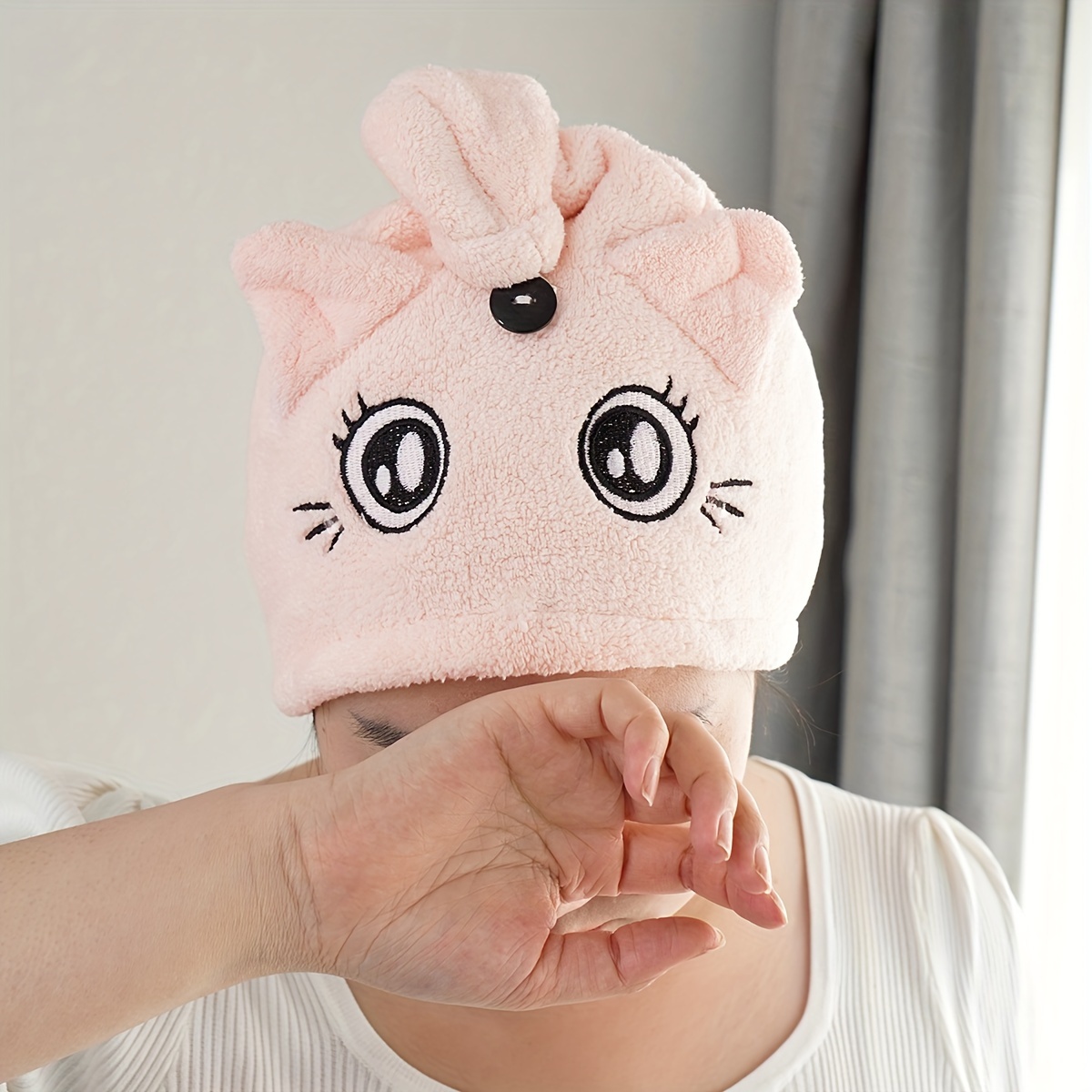 1pc Quick Drying Cartoon Embroidery Big Eyes Cat Hat Coral Velvet Quick Drying Hat Soft Suction Shower Cap Bathroom Supplies