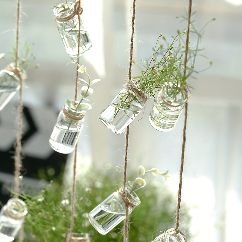 Image of 1pc Rustic French Country Hanging Glass Vase With Jute Rope, Round Clear Glass Hydroponic Plant Holder For Home, Garden, And Holiday Decor, Flower Vase