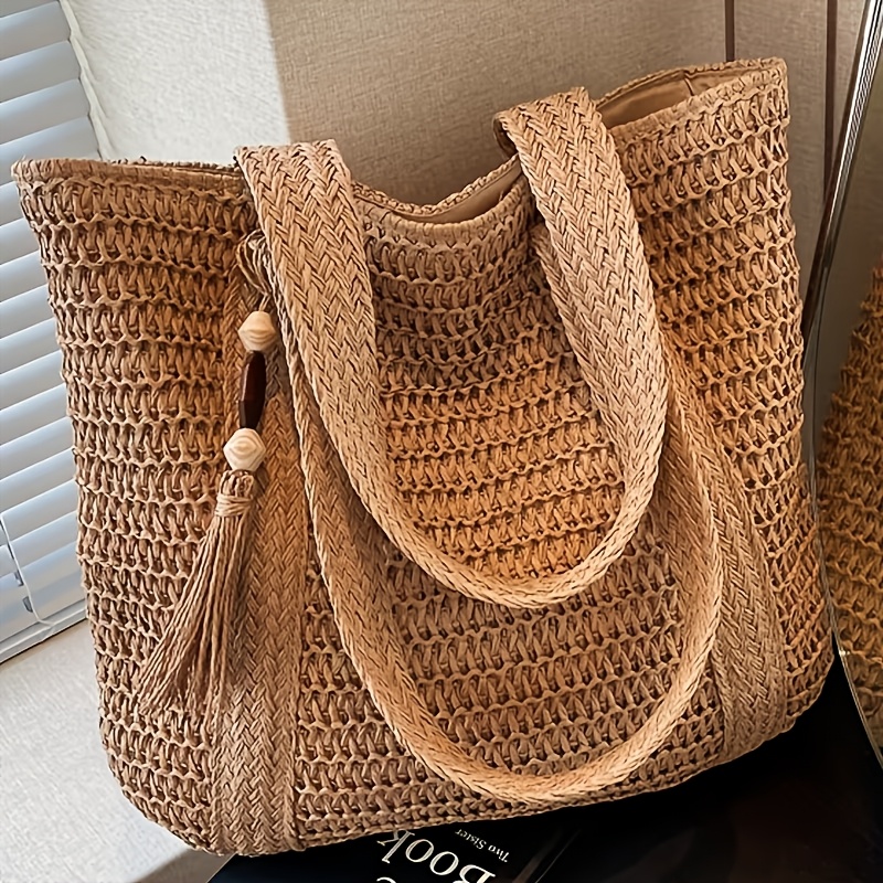 TEMU Perfect Lily Women's Large Woven Tote Bag With Fixed Shoulder Strap & Zipper Closure - Elegant Suitable For Commuting, Travel, Shopping, Gift,