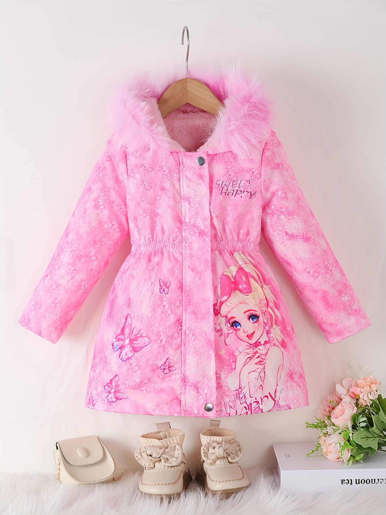 girls winter princess coat pink snowflake design fur Temu