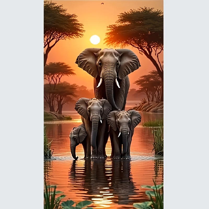 

5d Diy Diamond Painting Kit - Elephants And Sunset Scenery, Round Diamond Art, Mosaic Craft Set, Party Handmade Gift, Home Decor - 40x70cm Canvas, Animal Theme