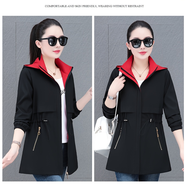 Chaqueta de viento con capucha de longitud media para mujer, con cordón en la cintura, bolsillos con cremallera y correa extraíble. Teal, ropa exterior de manga larga con cremallera para atuendo casual, chaqueta para todas las estaciones. Chaqueta de viento teal elegante. Bolsillo funcional.