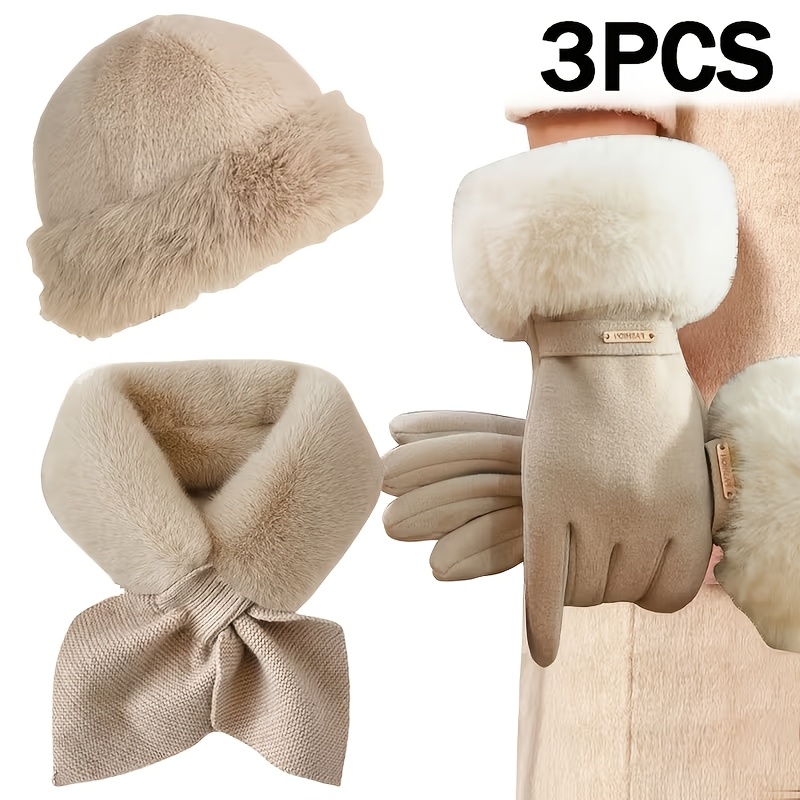TEMU 3pcs Set Of Winter Warm Additions, Including Fashionable Touchscreen Fingerless Gloves, Cross-thick Scarf, And Plush Hat, Suitable For Cold