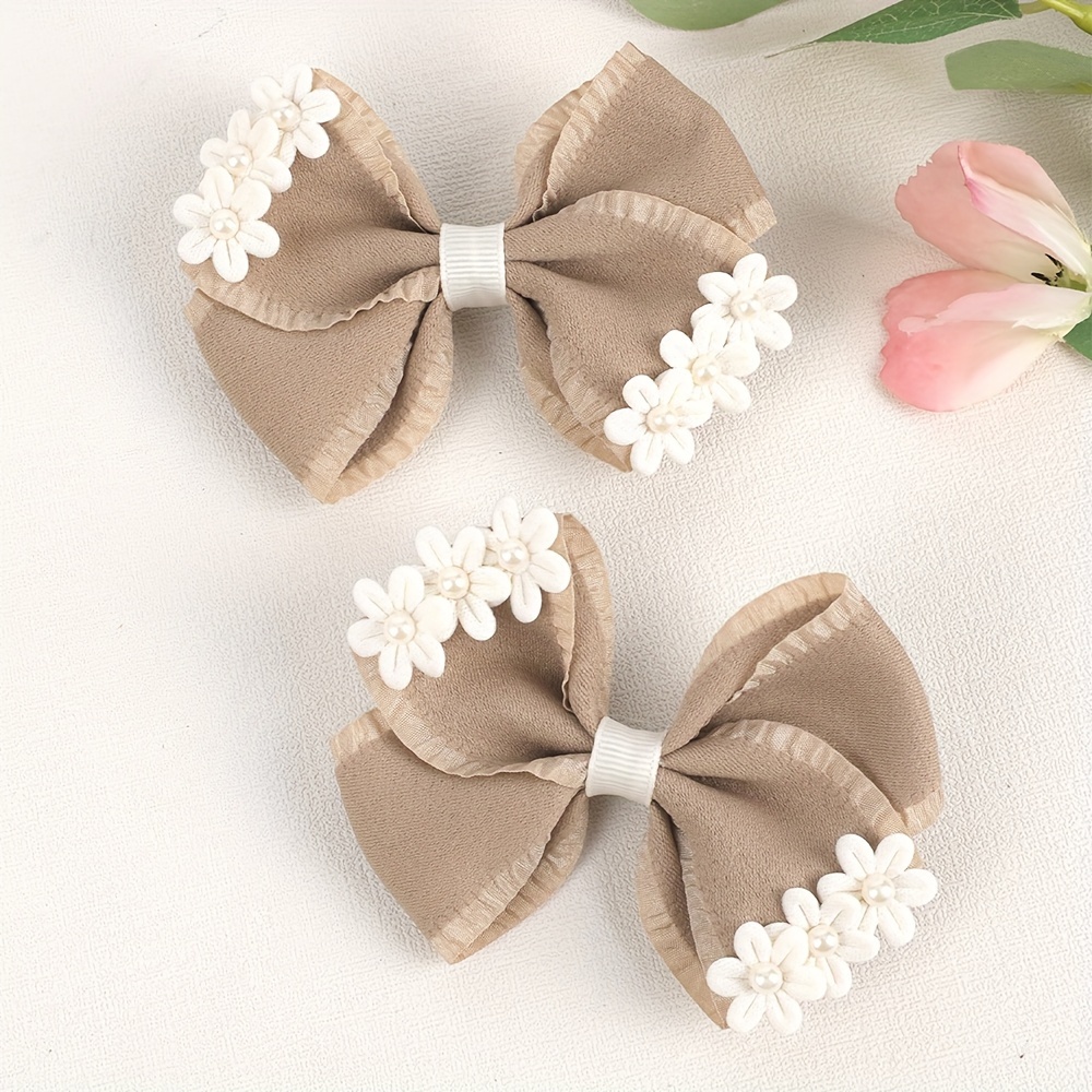 

Elegant Khaki Bow Hair Clips With Pearl, Vintage Flower Decor, Polyester Women's Hair Accessories, 2pcs Set - Ideal For And Gifts, Hair Accessories, Dress Up