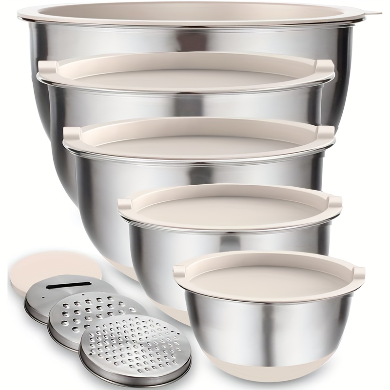 

5pcs Mixing Size Bowls With Set, Stainless Steel Khaki Nesting Bowls With 3 Grater Attachments, Measurement Marks & Non-slip Bottoms, Size 5, 3, 2, 1.5, 0.63 Qt, Great For Mixing & Serving