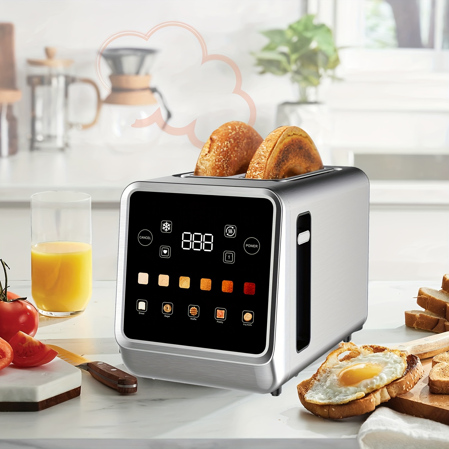 touch screen toaster 2   stainless steel digital timer toaster with 6 bread types and 6 shade settings 1 5 wide toast slot with bagel cancel defrost and memory details 1