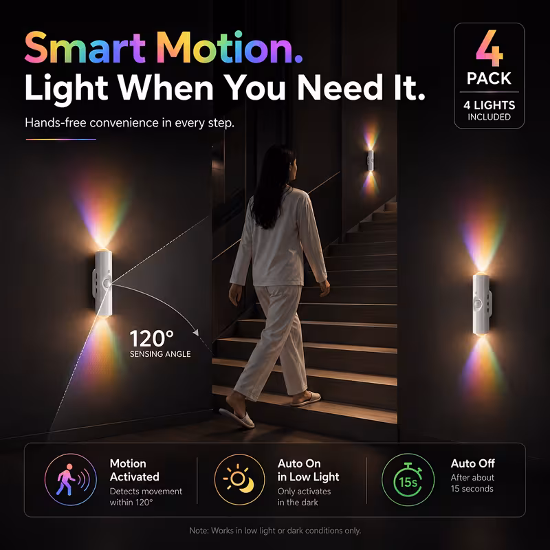 4 个装双光 rgb 人体感应壁灯,9 种灯光多档调光,120° 广角感应,ip44 防水磁吸免打孔,usb充电,适配走廊、卧室、浴室、玄关 商品详情 6
