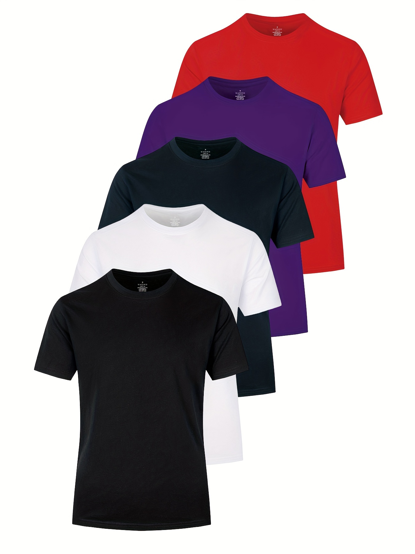 Solid Crew Neck Basic Tees, T-Shirt, Men's Cotton Basics Summer 5pcs Multi Color Comfy Casual Set Sports Tees,Casual,Temu