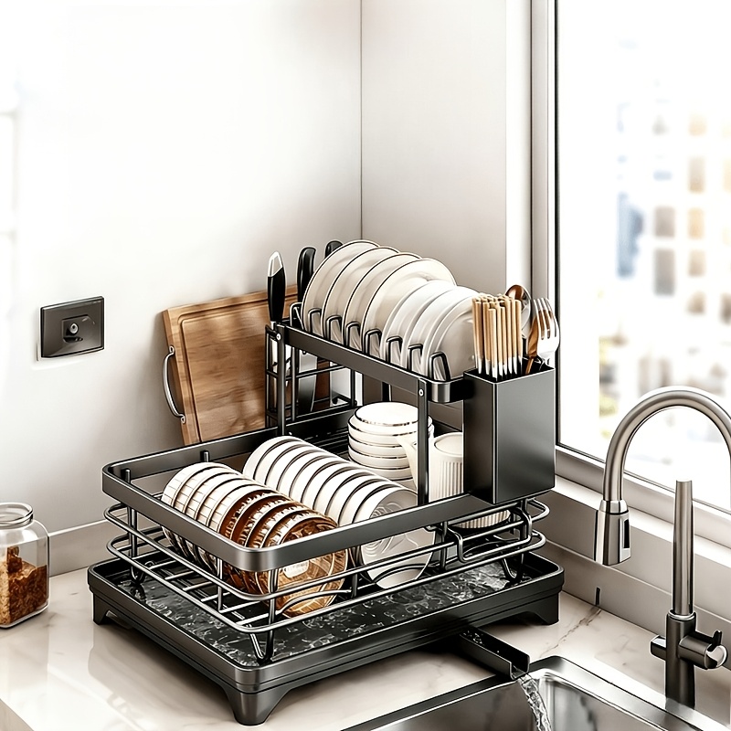TEMU Dish Drain Rack, 2-layer Kitchen Countertop Dish Rack, Large Capacity With Drain Tray, Bowl Rack Storage Rack, With Cutlery Rack, Cup Rack,