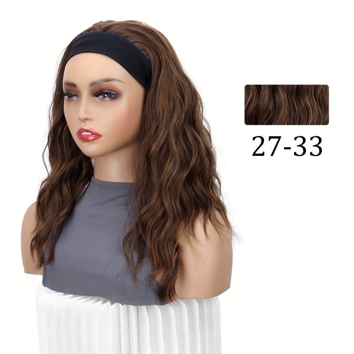E-shop 16-Zoll Lockige Stirnbandperücke für Frauen - Synthetischer Wasserwellen-Stil, Hochtemperaturfaser, Schwarzes Elastikband, Vielseitig & Stylisch