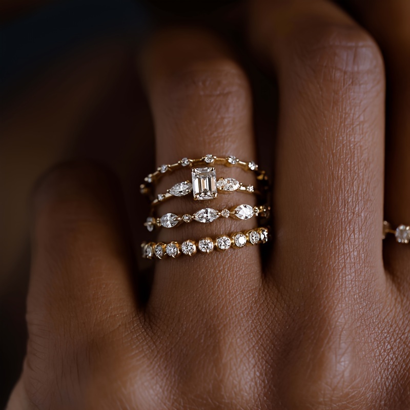 TEMU 4-piece Set Golden Cubic Zirconia Stacking Rings For Women, Elegant & Luxurious Style, Engagement & Anniversary Jewelry, Daily & Party Wear Accessory