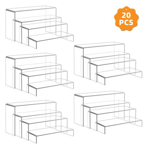 20pcs acrylic risers for display food service countertop display rack clear food organizer stands acrylic display risers for show figures cupcake jewelry perfume and more sizes 8 9in
