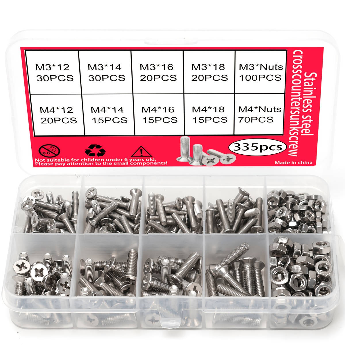 Image of 335pcs Stainless Steel Cross Recessed Screw And Nut Set, Including Precision Cross Head Machine Screws, M3 And M4 Sizes, Tool Bolts And Nuts Kit