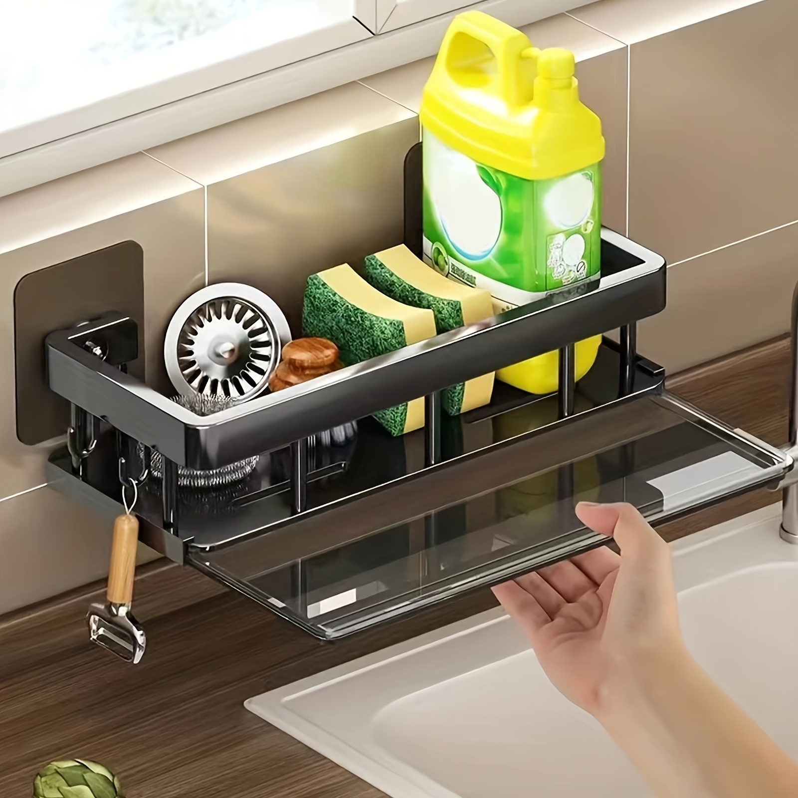 TEMU 1pc Multifunctional Wall-mounted Drain Rack - Punch-free Kitchen Organizer For Sink & Sponge Storage, Durable Plastic/metal, Space-saving Design