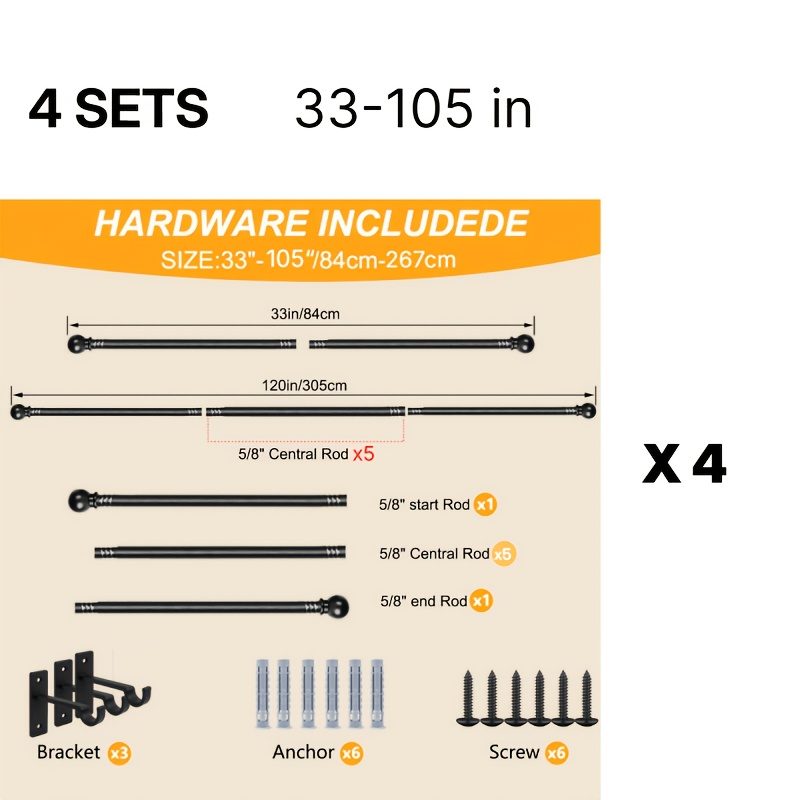 TEMU 4 Sets, 2 Sets, 1set Of Curtain Rods Suitable For Windows Measuring 33-149 Inches, Featuring A 5/8 Inch Decorative Curtain Rod Set In Matte