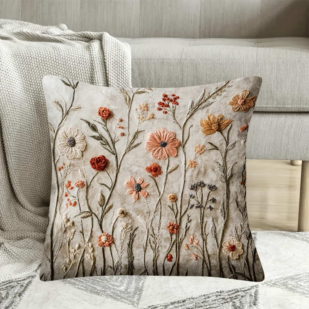 

1pc Vintage Floral Embroidered Pillow Cover, 18x18 Inch, Polyester Short Plush With Zipper, Machine Washable, Woven Decorative Throw Pillowcase For Living Room, Bedroom, Office