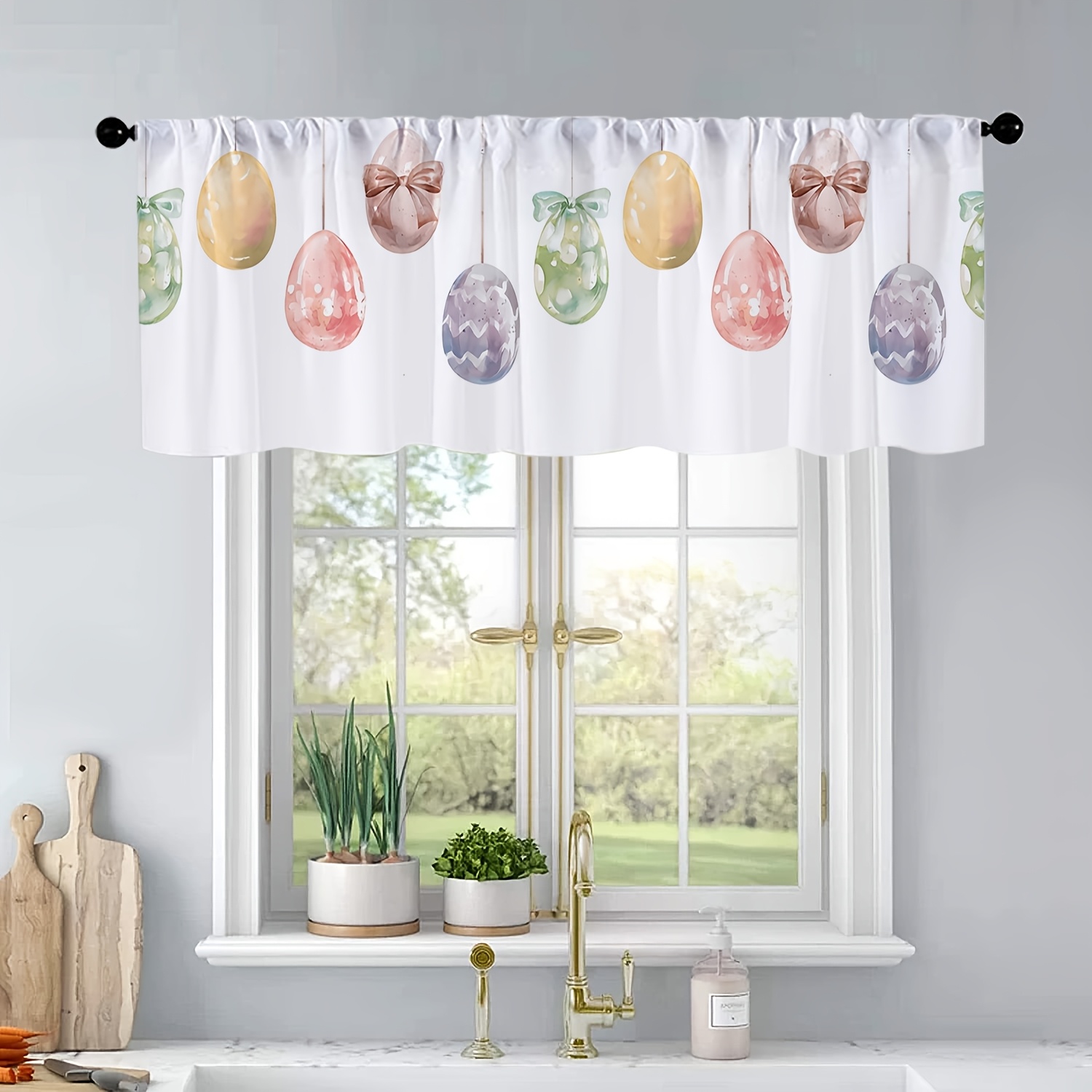 

A Spring Easter Bunny Egg Printed Kitchen Curtain With Pockets For Window Treatment, Suitable For Living Rooms, Bedrooms, And Bathrooms, Measuring 54 Inches By 18 Inches.