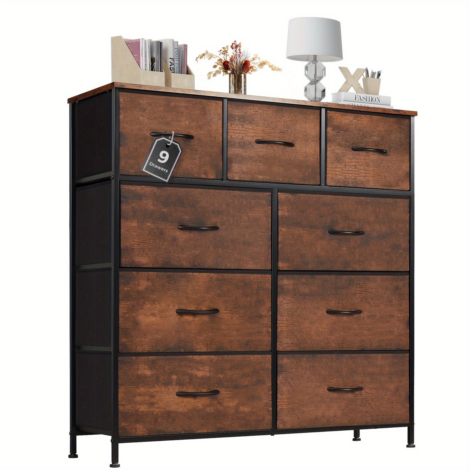 

Dresser, Tall Dresser For Bedroom, Drawer Dresser Organizer Storage Drawers With 9 Drawers, Chest Of Drawers With Fabric Bin, Steel Frame, Wood Top For Bedroom, Closet, Entryway