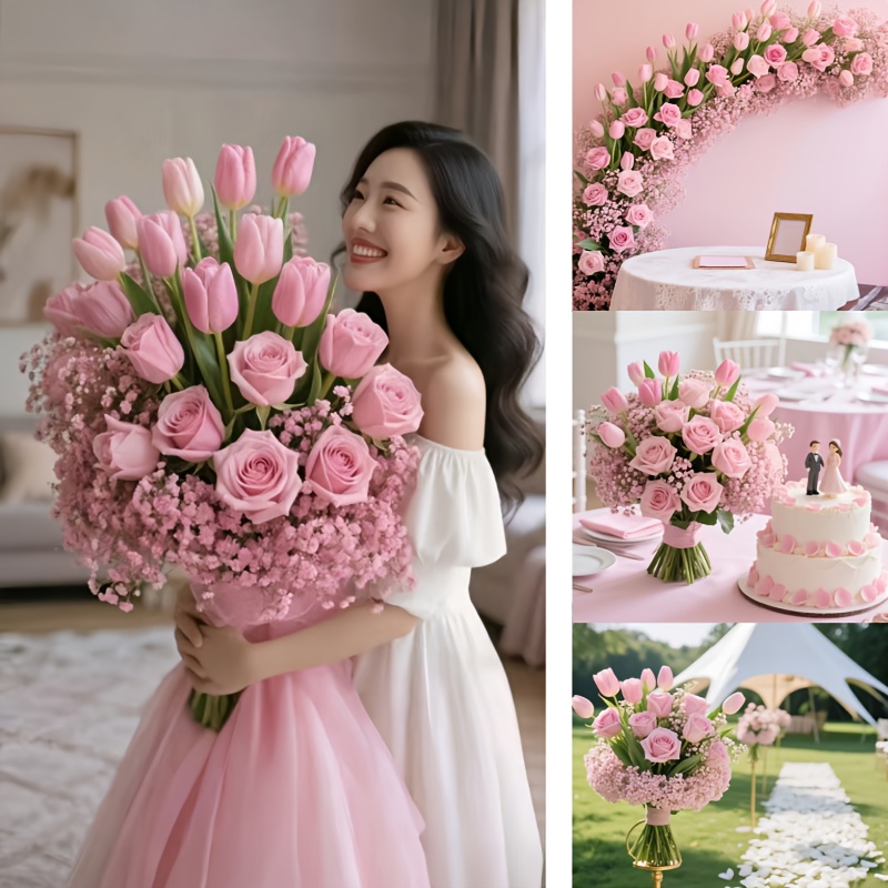 A Bouquet of 38 Artificial Roses, Tulips, And 'S Breath, Realistic Home Decor Suitable for Living Rooms, Tabletops, Gardens, Malls, Coffee Shops, And More - Usable All Year Round Without Maintenance, Perfect for Anniversaries, Thanksgiving