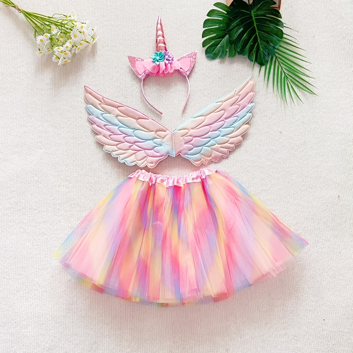 TEMU Unicorn Costume Additions Set, 3pcs/set Including A Short Skirt, A Pair Of Wings, And A Headband, Suitable For Halloween, Christmas, Carnival
