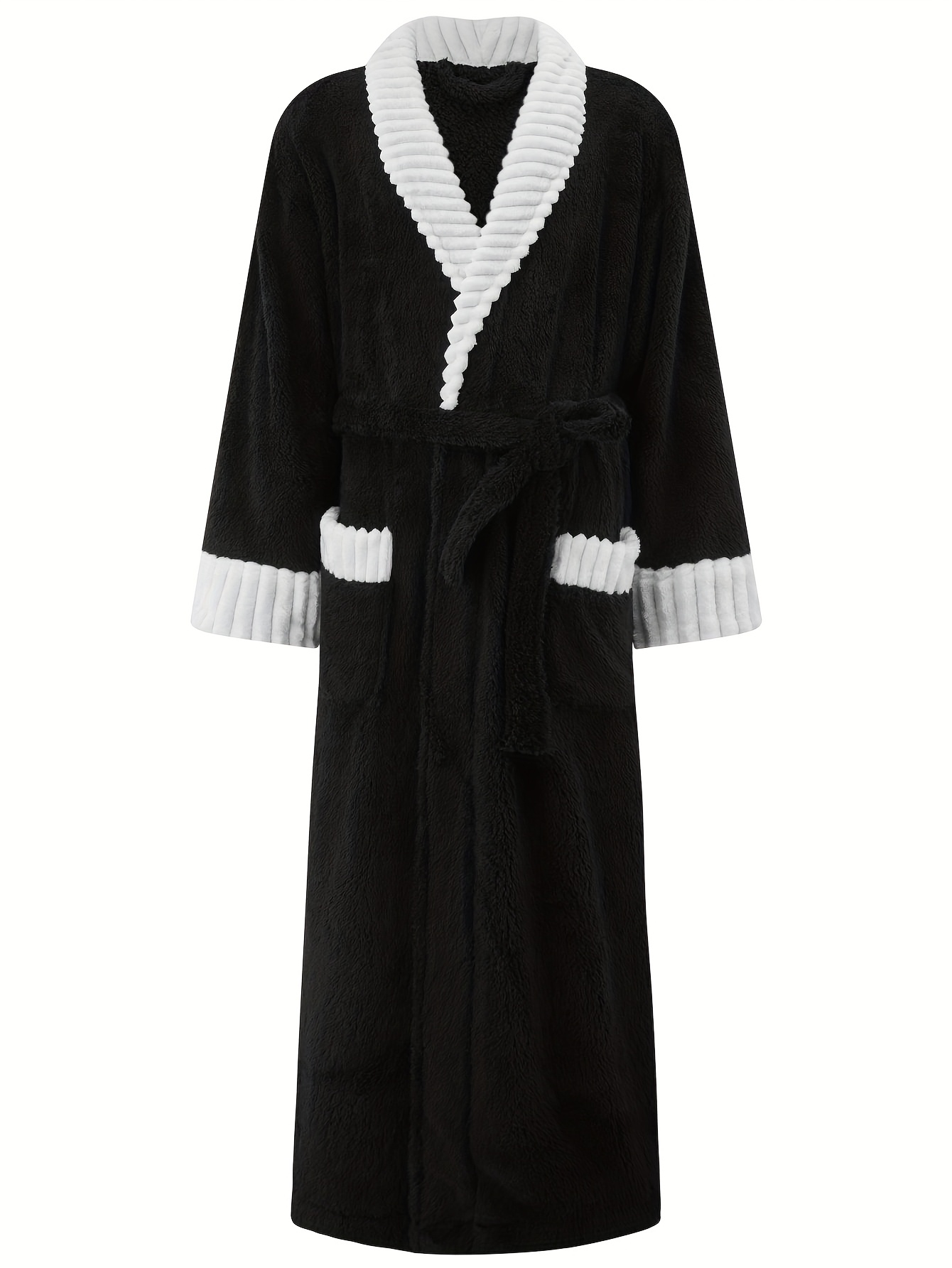 Men'S Thickened Flannel Robe - Long Bathrobe with Large Pockets, Soft Plush Texture, V-Neck & Belted Design for Fall/Winter, Perfect Gift for Him, Cozy Home Wear, Casual Sleepwear, Winter Robe | Vneck Robe | Plush Texture Robe