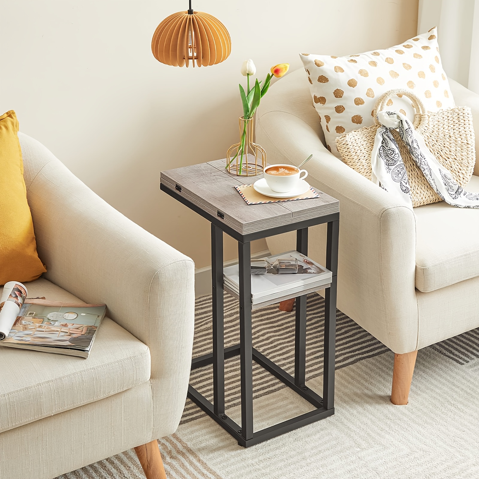 C-type Auxiliary Table, Folding Sofa, Coffee Table, Coffee Table Snack Table, With Storage Rack, Narrow Bedside Table In Living Room And Bedroom, Metal Frame, Black/gray