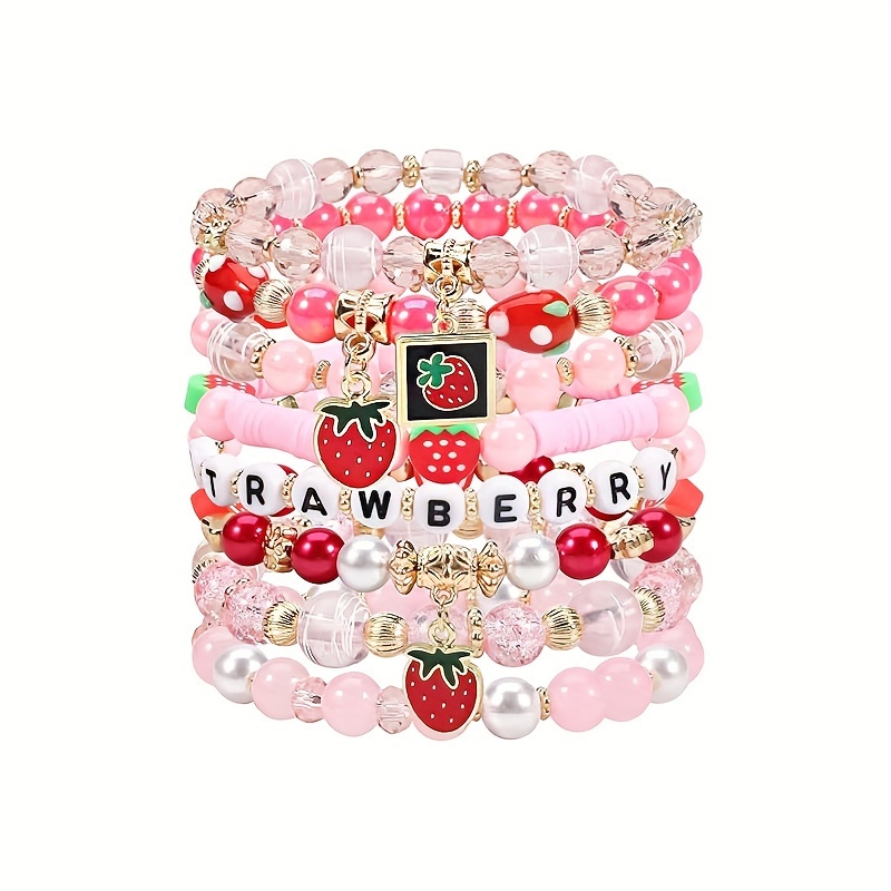 

8 Cute College Pendants, Strawberry Letter Multi Layer Bracelet, Daily Party Jewelry, Strawberry Pendant, Random Color