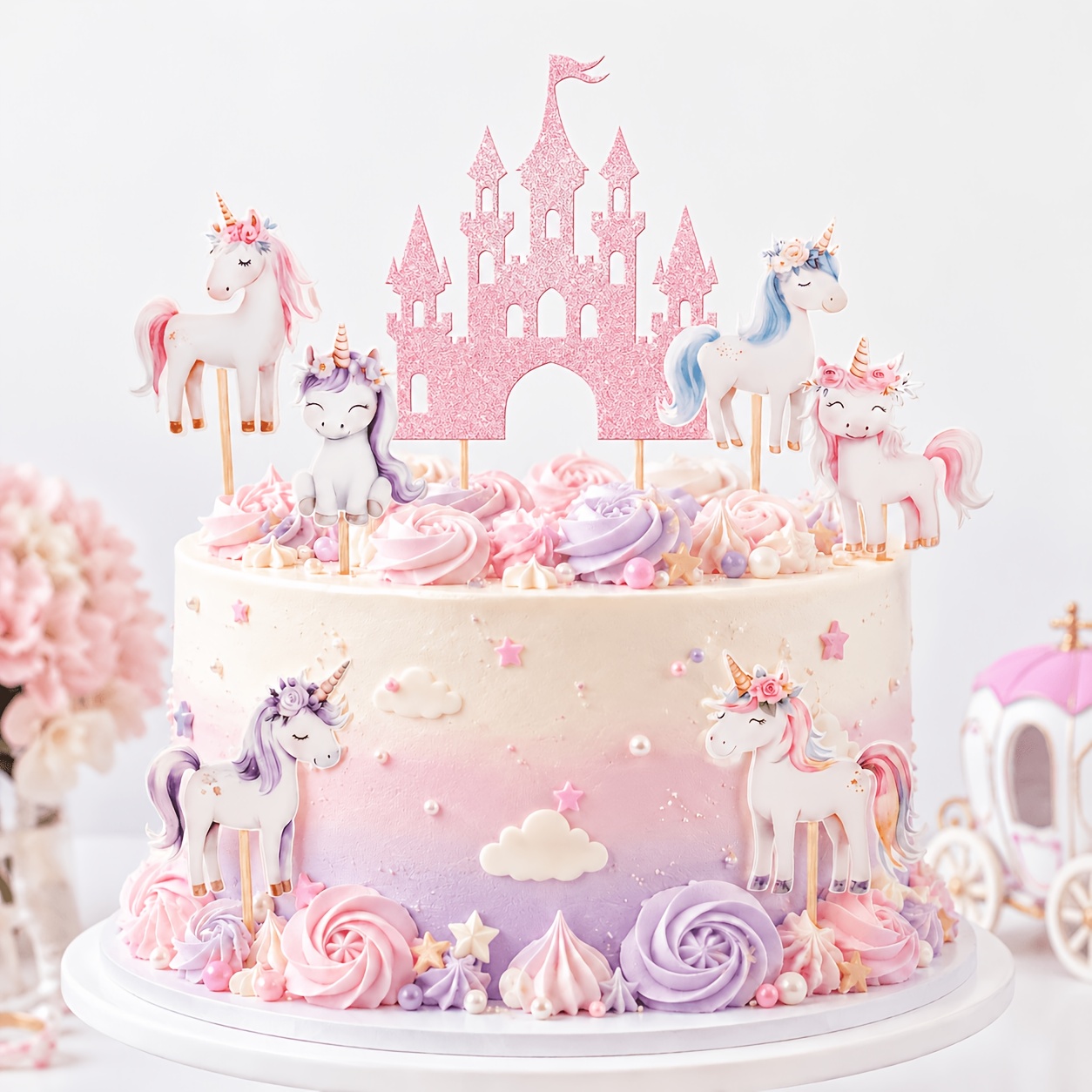 Image of 13pcs Set Of Castle And Unicorn Birthday Cake Toppers Cupcake And Cake Decorations, Perfect For Halloween, Christmas, And Party Events