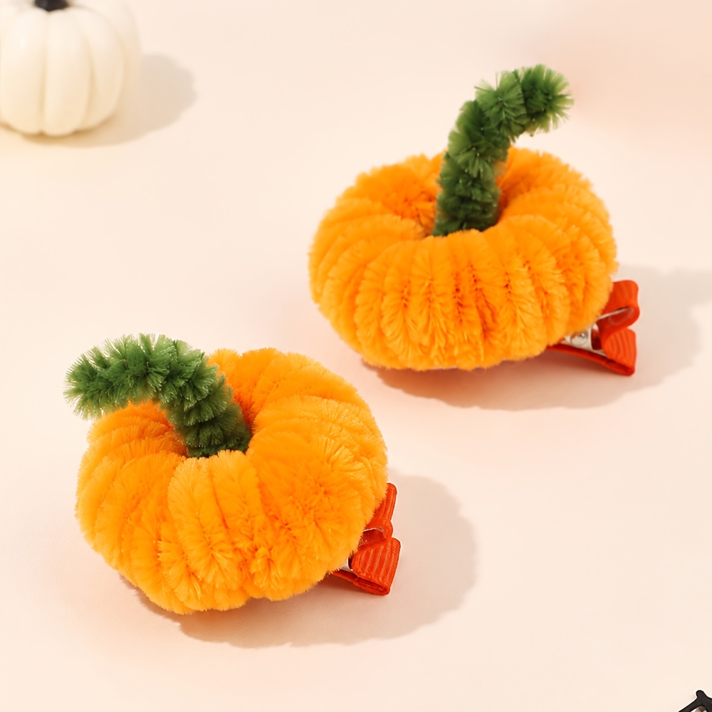 TEMU 2pcs Fluffy Pom-poms Pumpkin Hair Clips For Women, Sweet 3d Plush Pumpkin Hair Barrettes, Fall Thanksgiving Harvest Additions For