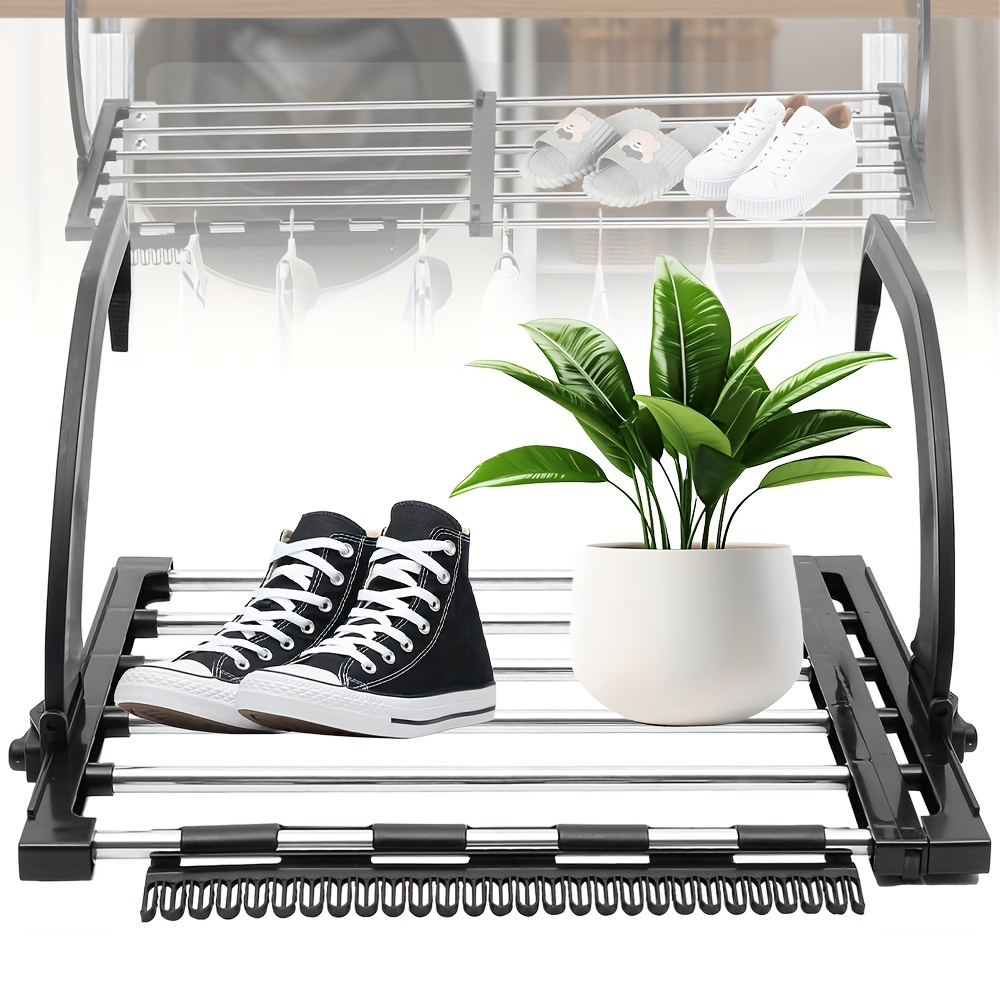 Image of Versatile Stainless Steel Drying Rack Set - Extendable, Wall-mounted For Clothes, Shoes, Socks & Towels - Indoor/outdoor Use, Floating Shelves
