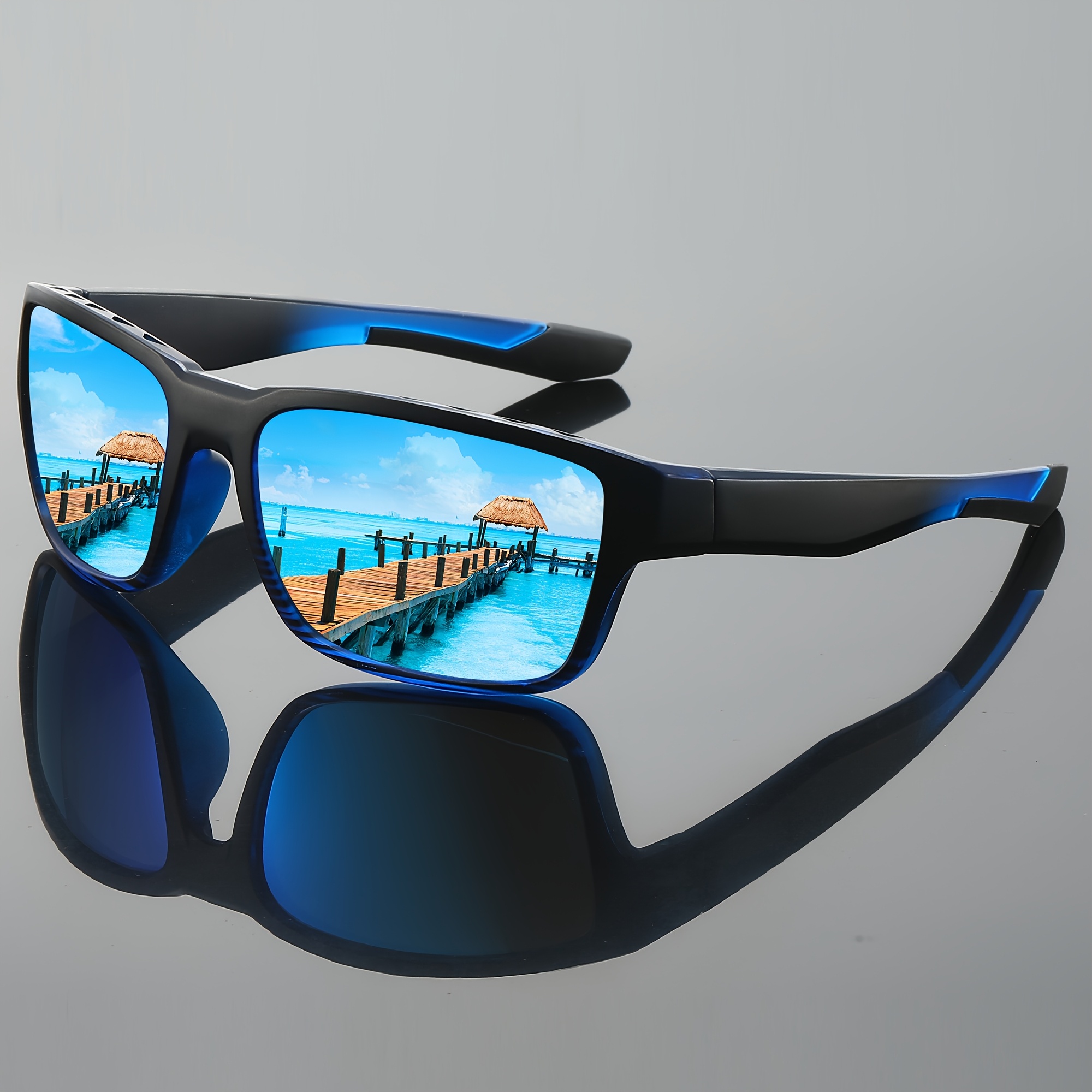 Men's Sport Blue Mirror Polarized Sunglasses - UV400 Protection - Black Frame