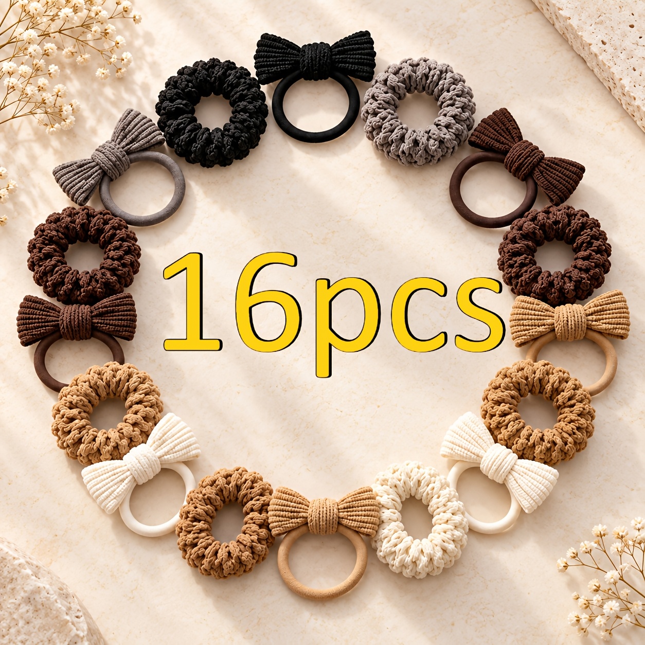 TEMU 16pcs Women's Autumn Winter Hair Additions Set, (8pcs Thick Popcorn Scrunchies And 8pcs Bow Scrunchies), Hair Ties In Neutral Tones, Ponytail