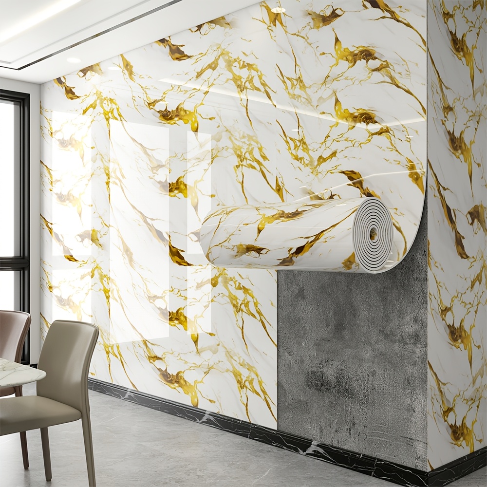 TEMU 1 Roll Self-adhesive Glossy Marble Wall Stickers | 4mm Thick Waterproof Vinyl Wallpaper, Peel And Stick Wall Decoration & Renovation Materials,