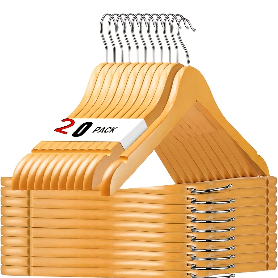 Image of 20pcs Sturdy Wooden Hangers, Durable And Slim With 360° Rotating Hooks, Natural Finish And Notched Design, Premium Wardrobe Hangers For Women's Clothing