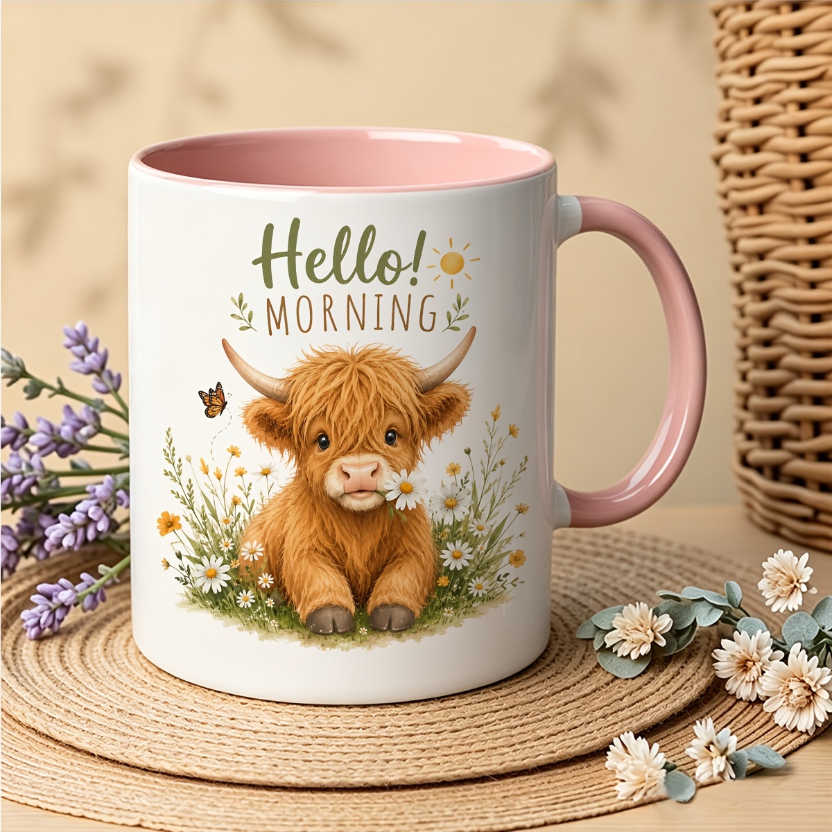 TEMU Cute Scottish Highland Cow Mug With Daisy And Design - 11oz Ceramic Coffee Tea Cup Suitable For Birthdays, Mother's Day Gifts, Dishwasher Safe