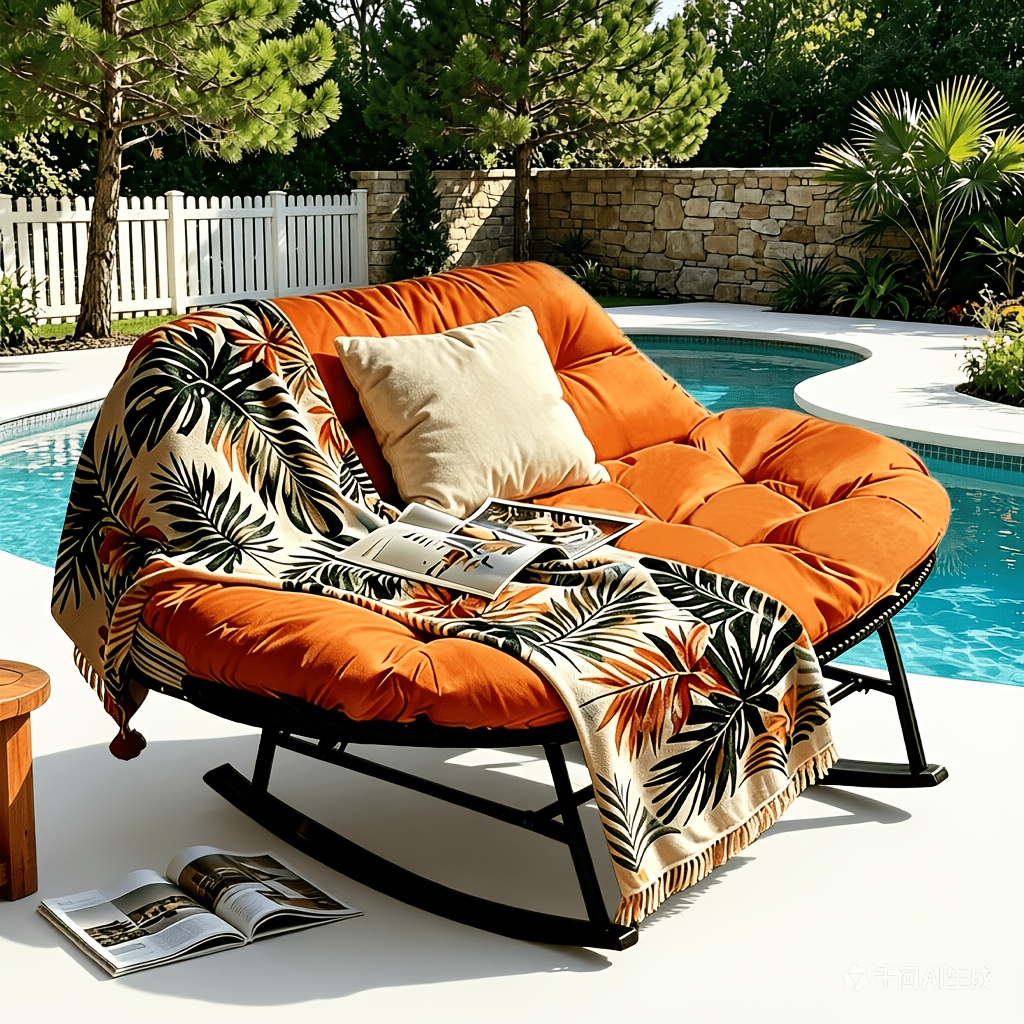 2-person Papasan Full Pe Rattan Oversized Rocking Chair With Cast Iron Painted Coating Lounge Rocker Chair Frame For Garden Patio Outdoor