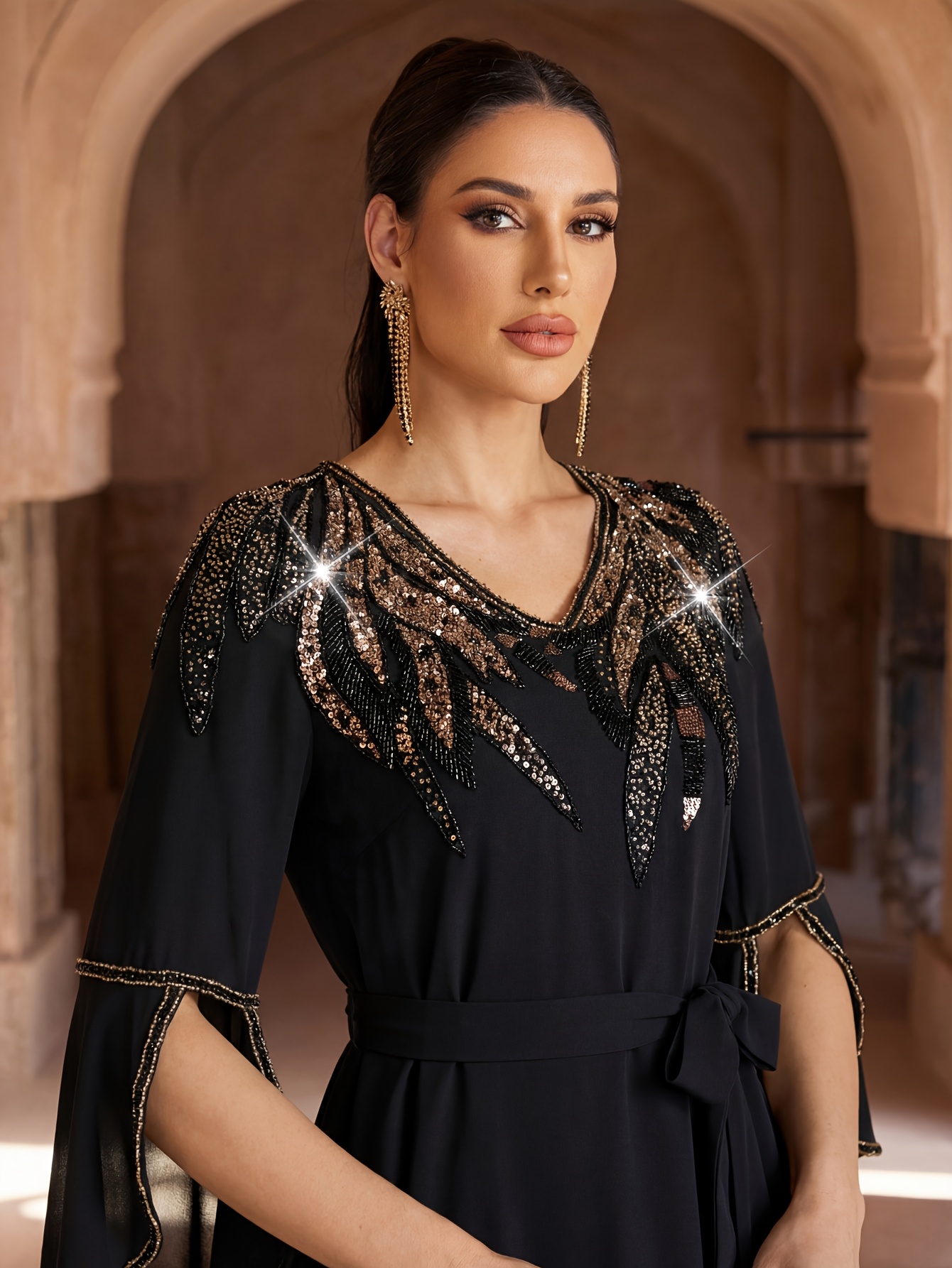 black gold sequins long sleeves midi dress elegant golden embroidered v neck womens NA-08.20.26AM
