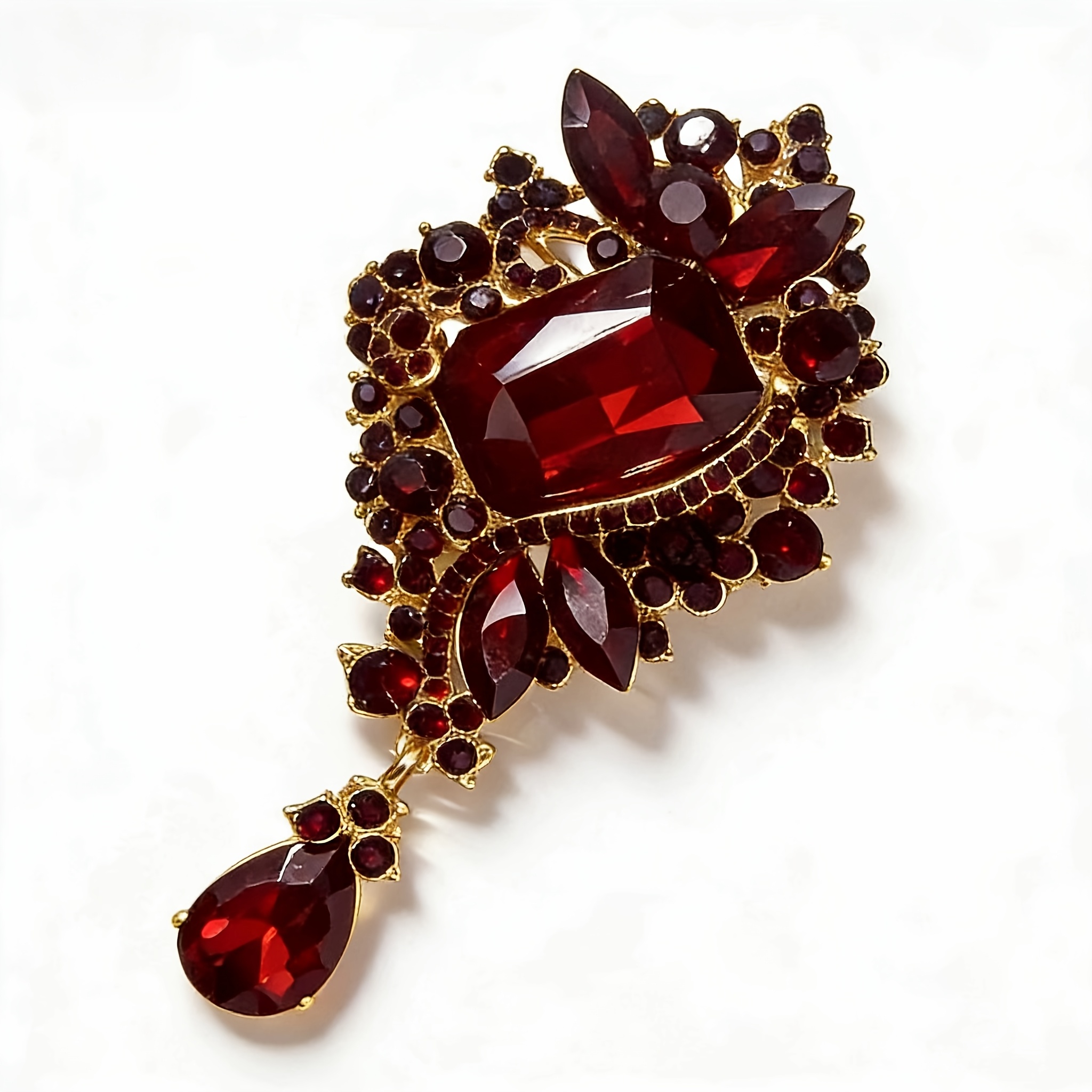 TEMU Luxury Vintage European Brooch Suitable For Women - Wine Red & Golden Hollow-out Pin With Garnet Gemstone Pendant, Wedding Corsage For Coats,