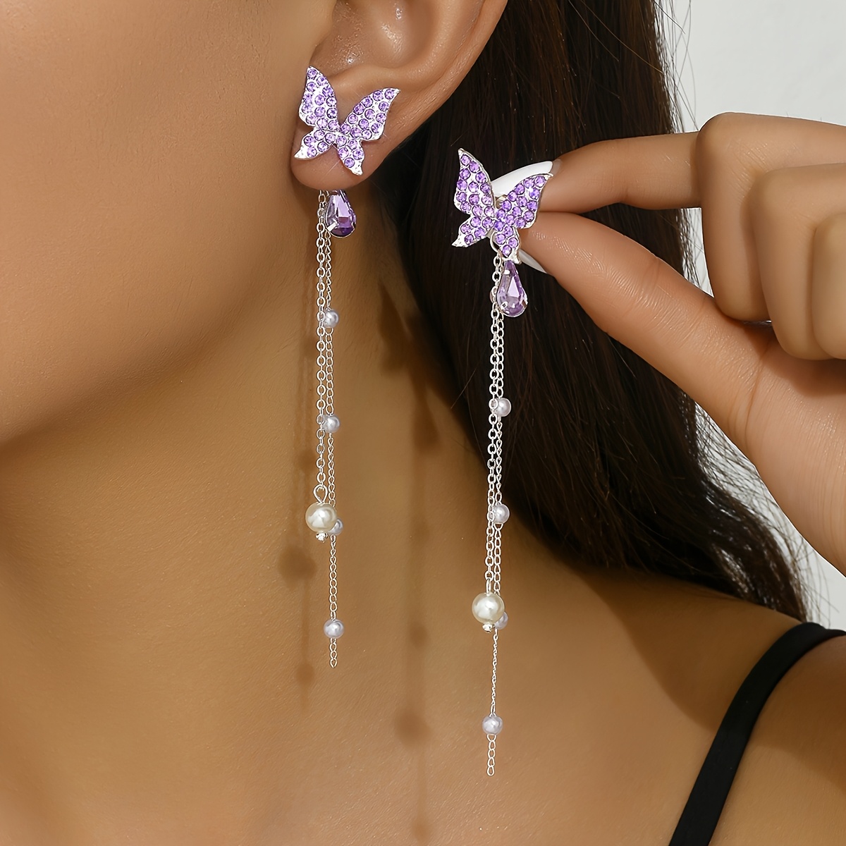 TEMU Bijoux de mode européens et américains, boucles d'oreilles à pampilles et chaîne papillon pour femmes, tenues de fête et