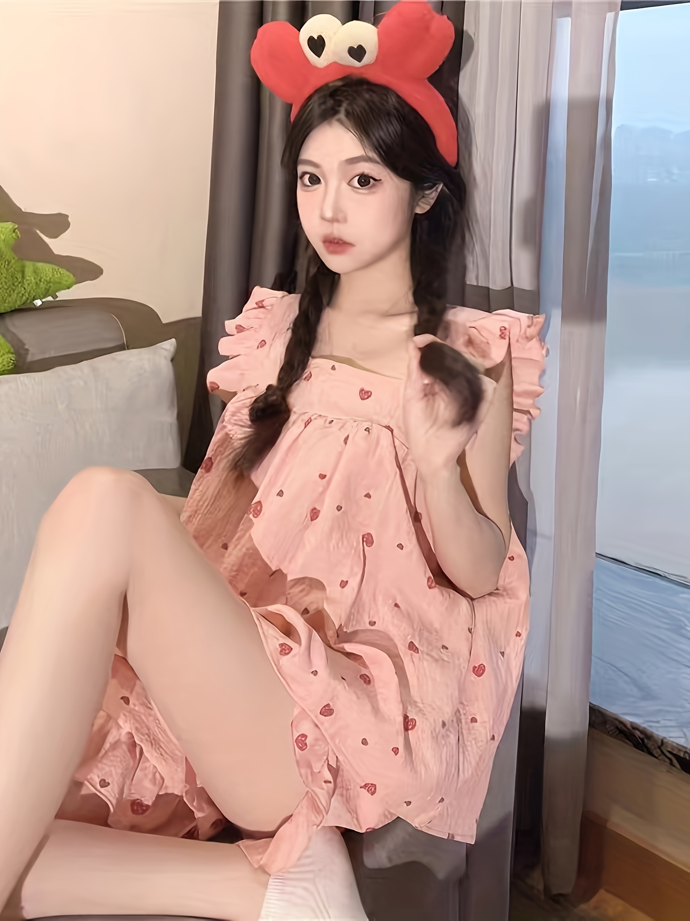 새로운 핑크 하트 하트 파자마 여름용 하이킹 카툰 달콤한 버섯 리플 ins 기숙사 귀여운 두 조각의 라운지웨 - Temu  Republic of Korea