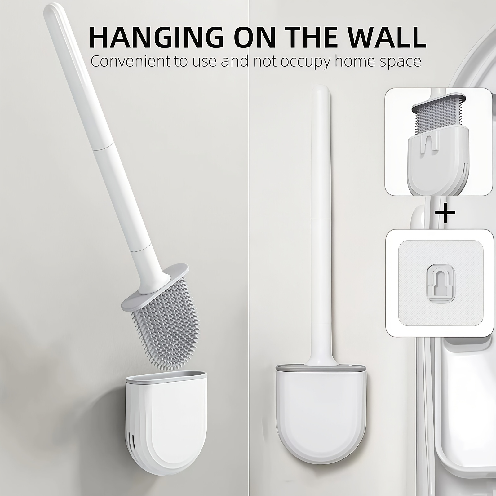 TEMU Splicing Handle Reusable Toilet Brush, Wall Mounted With Adhesive Holder, No Dead Corner Deep Cleaning Tool For Bathroom Toilet