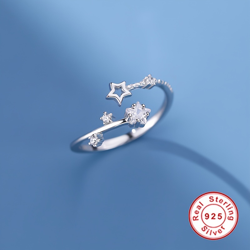 

1pc S925 Sterling Silver Pentagram Female Ring Bling Bling Elegant Style Opening Adjustable Index Finger Ring Jewelry For Women