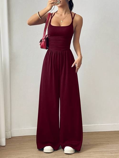 new womens solid cross strap backless pleated loose straight jumpsuit