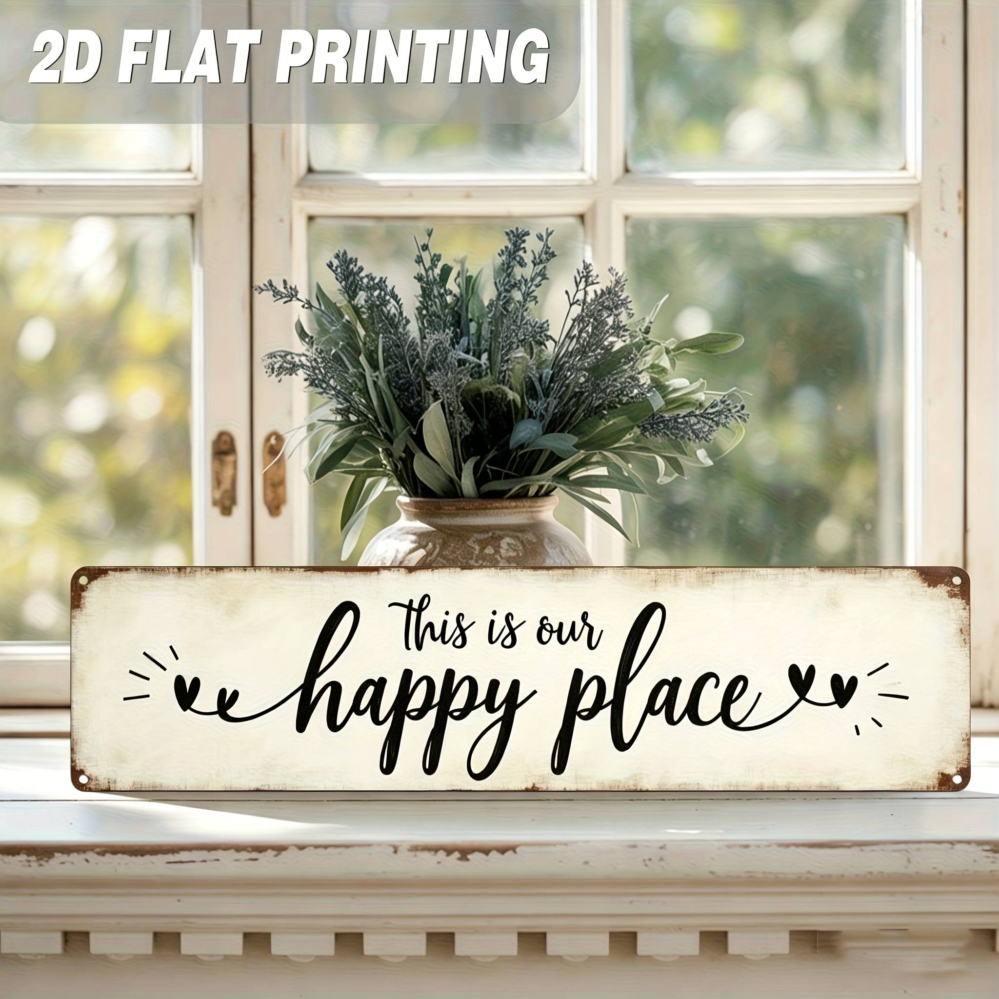 E-shop 2D Flach, 1 Stück, "Das ist unser glücklicher Ort" Metall Wandschild mit Herzen - -Stil für Wohnzimmer, Schlafzimmer, Küche - 3,9 x 15,7 Zoll,