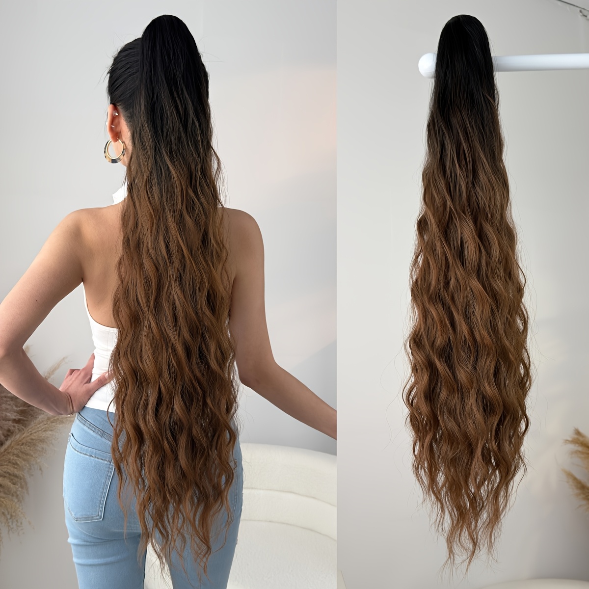Image of Ombre Colored Claw Shaped Ponytail Extension Hair Accessory, 32 Inch Water Wave Heat-resistant Fiber Synthetic Ponytail Wig, Suitable For Women' Use
