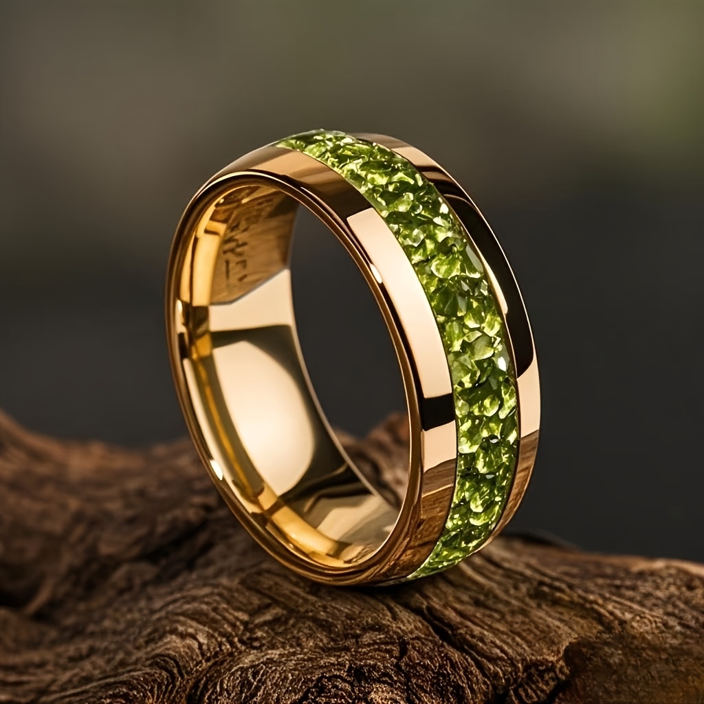 TEMU Anillo de Acero Inoxidable de 8 mm con Gemas Sintéticas Verdes Falsas - Banda de Boda Unisex Pulida en , Ajuste para Diaria, Fiestas, Vacaciones