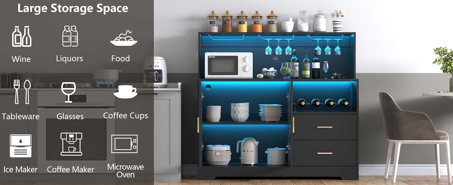 A Wine Storage Cabinet Featuring LED Lighting, Equipped with Racks for Wine And Glasses, Serving As a Kitchen Buffet Sideboard with Additional Storage And Drawers, Designed As a Contemporary Liquor Cabinet And Organizer.