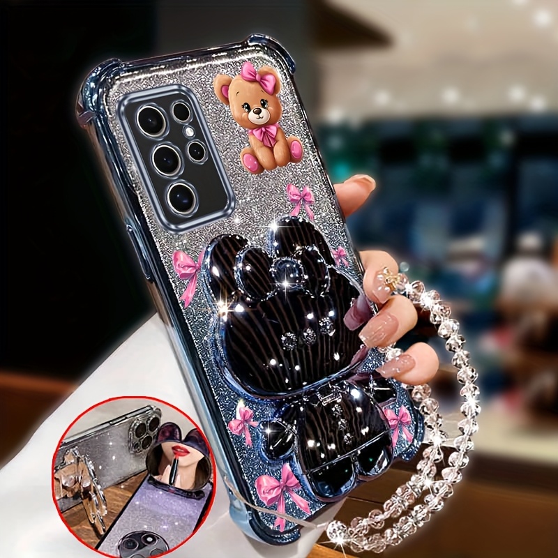 TEMU Phone Case - Stylish Pink Adorable Bear Shiny Wrist Strap Lanyard With Rabbit Glitter Phone Holder Case Designed For Galaxy S24 Ultra, Featuring